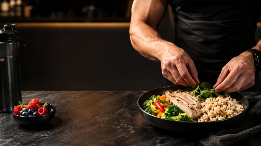 Repas équilibré composé de poulet, céréales, légumes et fruits