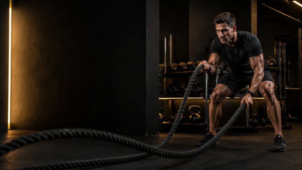 Sportif effectuant un exercice avec des cordes ondulatoires