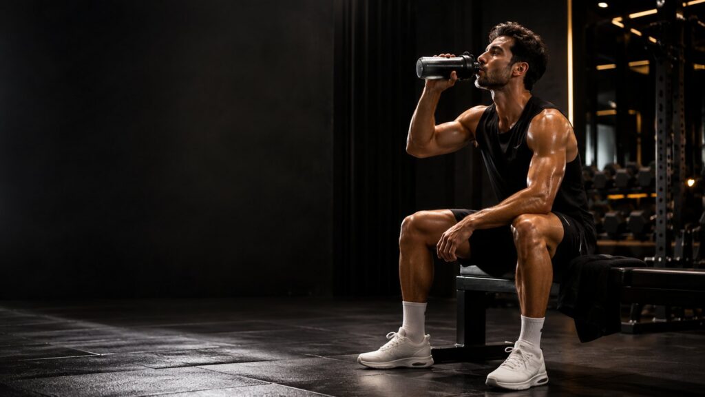 Sportif buvant de l’eau après une séance dans une salle de sport
